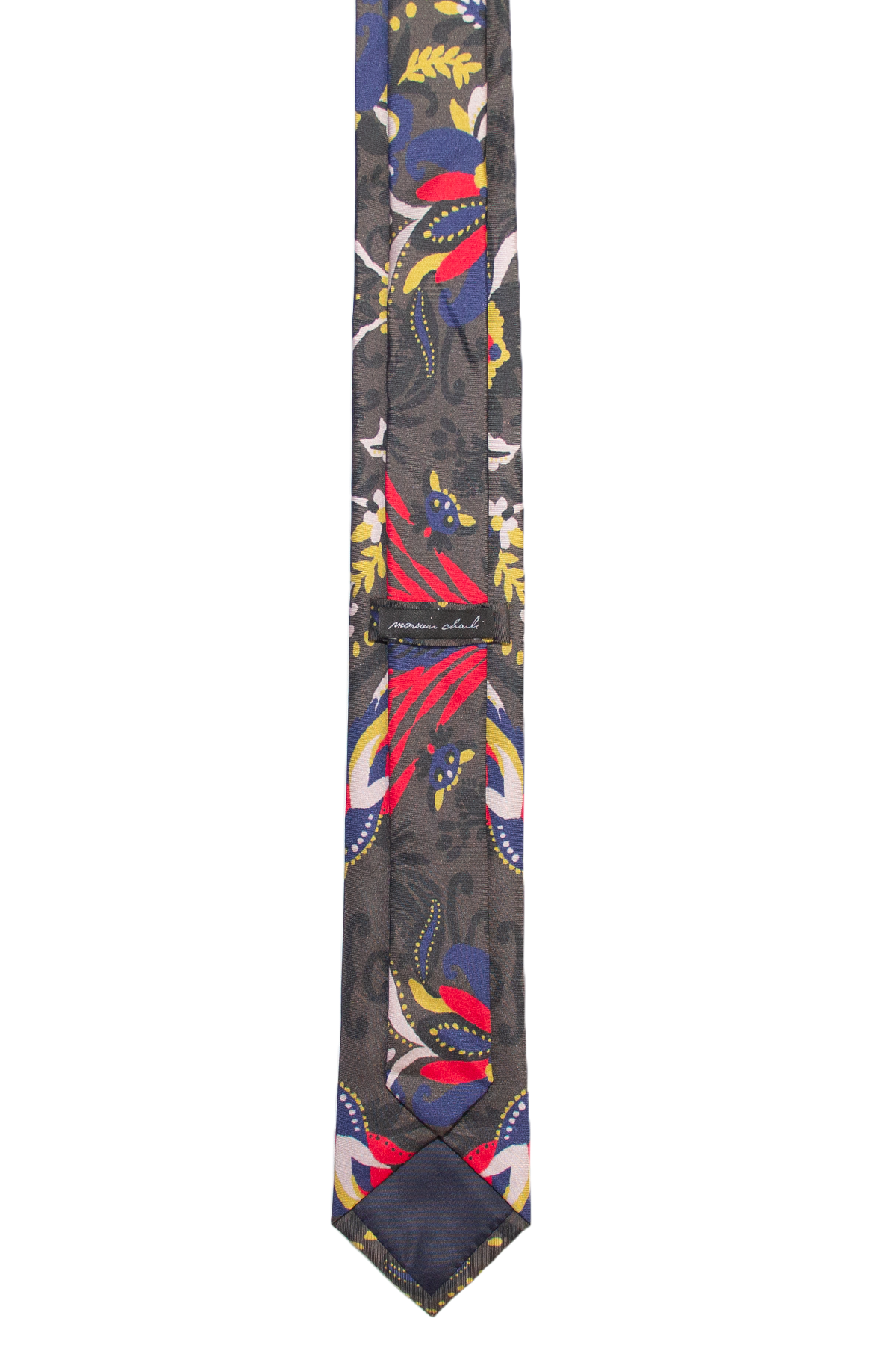 Dos de la cravate NIELS à motifs botaniques multicolores, avec passant et étiquette Monsieur Charli.