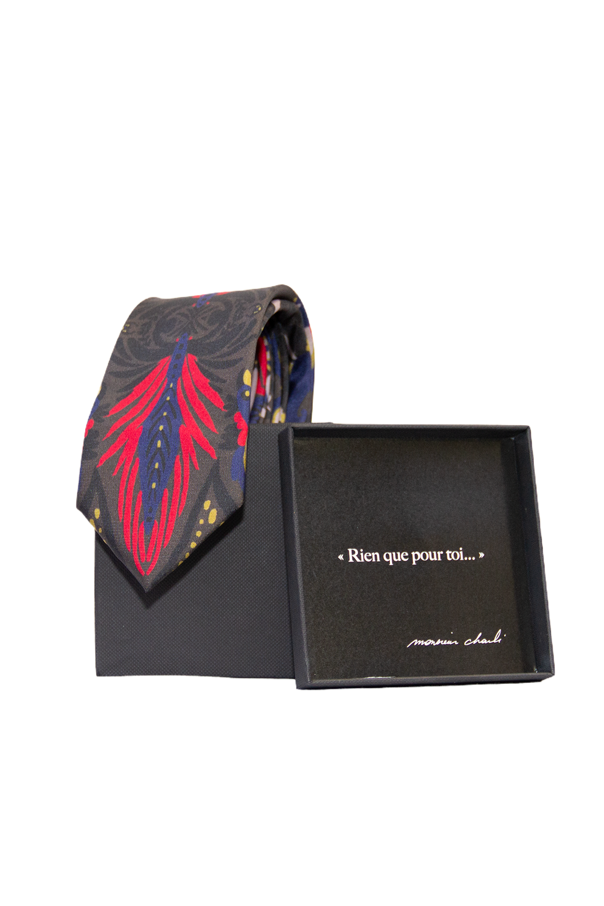 Cravate NIELS à motifs botaniques présentée avec son coffret cadeau noir Monsieur Charli ouvert.