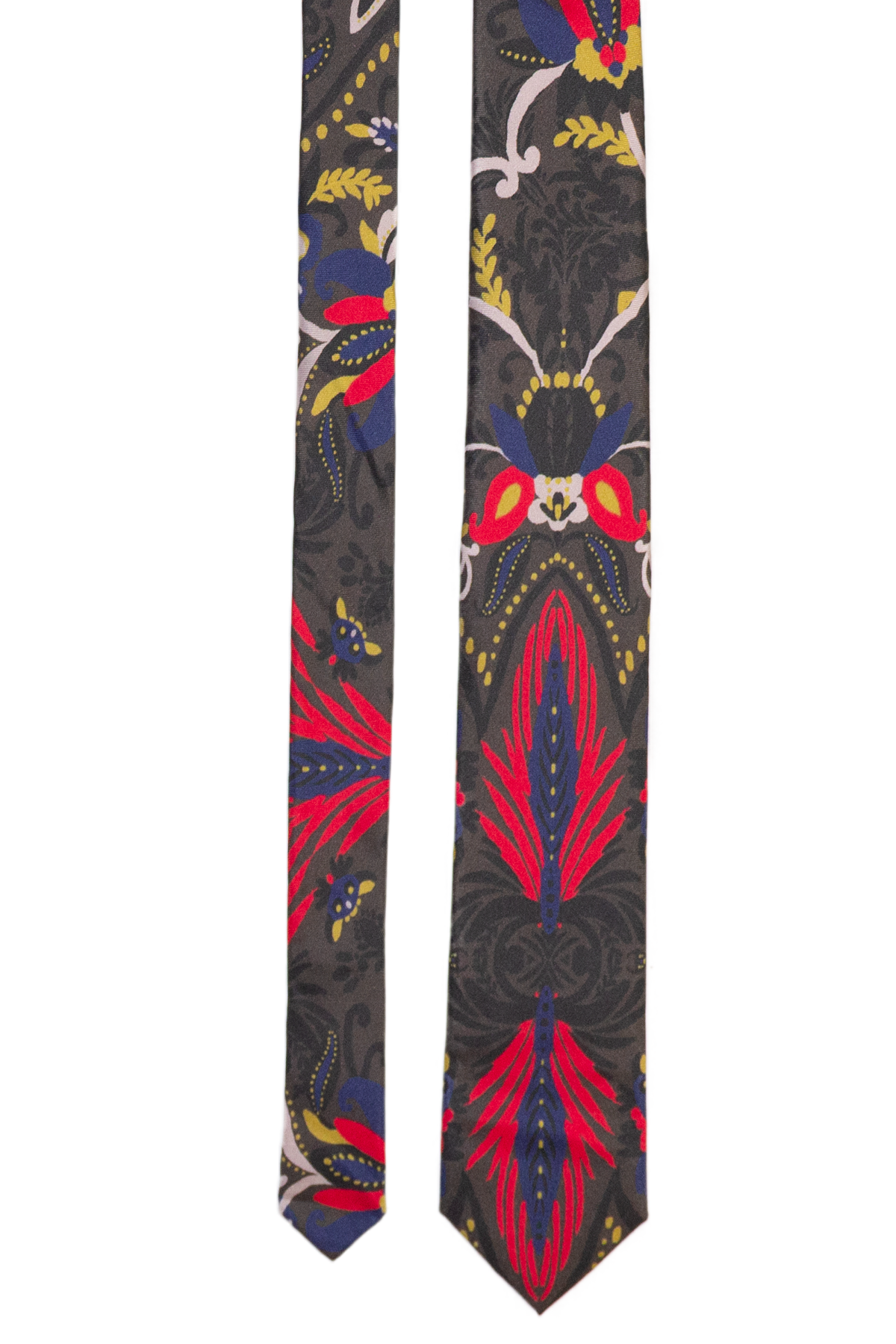 Cravate NIELS à motifs botaniques multicolores sur fond anthracite, les deux pans présentés à plat.