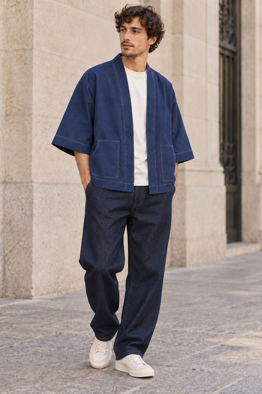 Un homme qui porte la veste de kimono Kim bleu avec un jean 