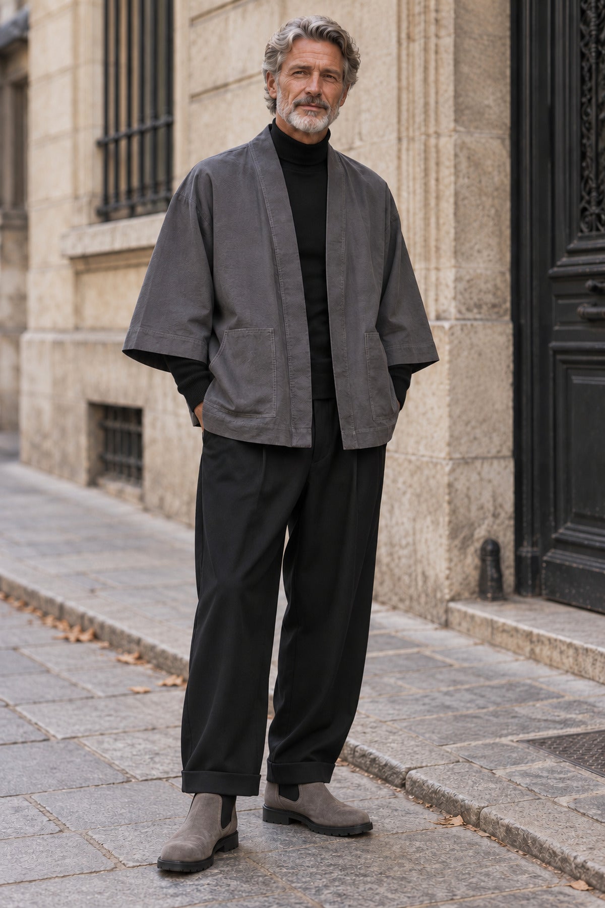 Un homme de face qui porte la veste de kimono KIM ardoise 