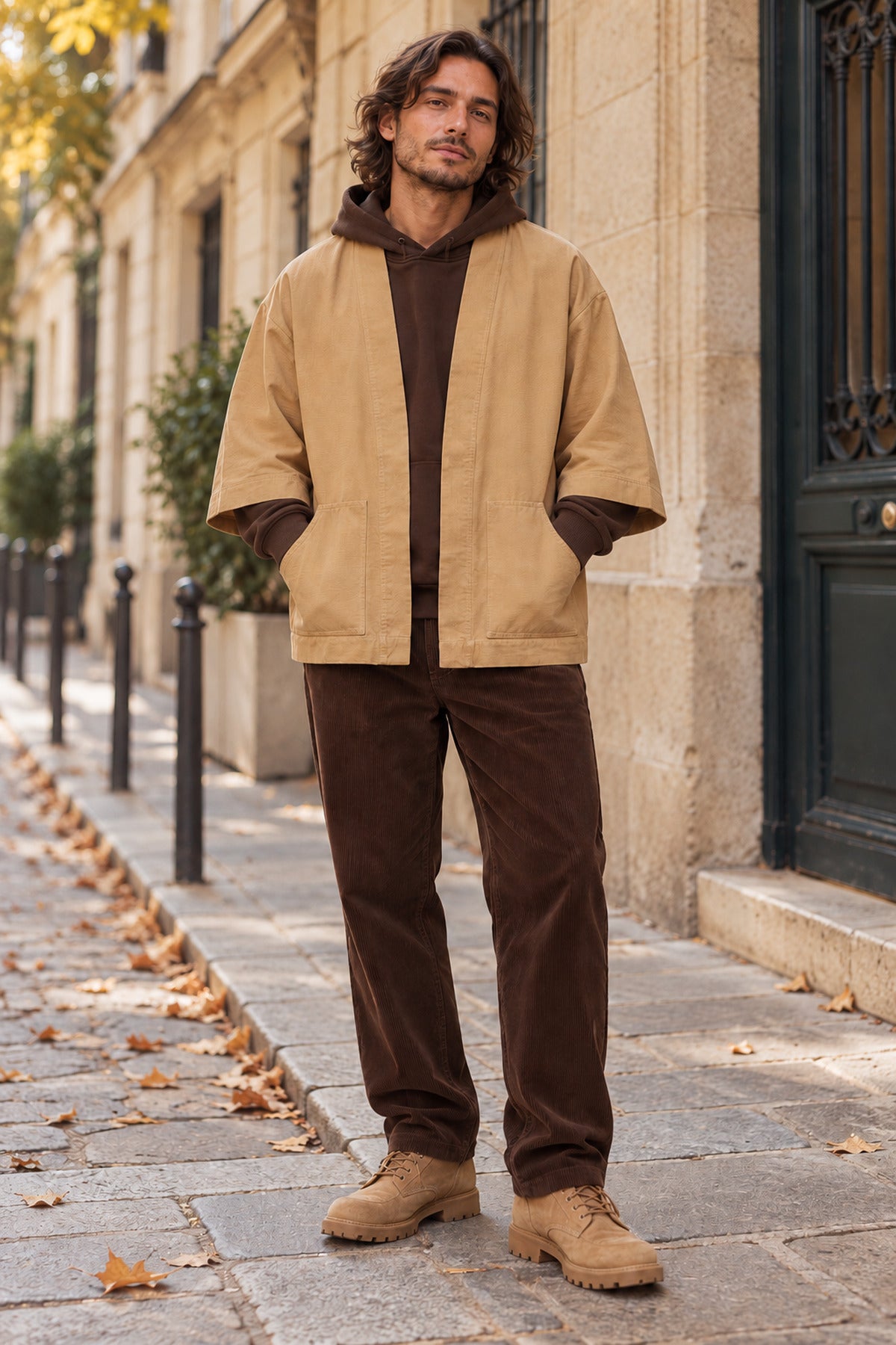 Un homme qui porte en superposition la veste kimono camel de Monsieur Charli 