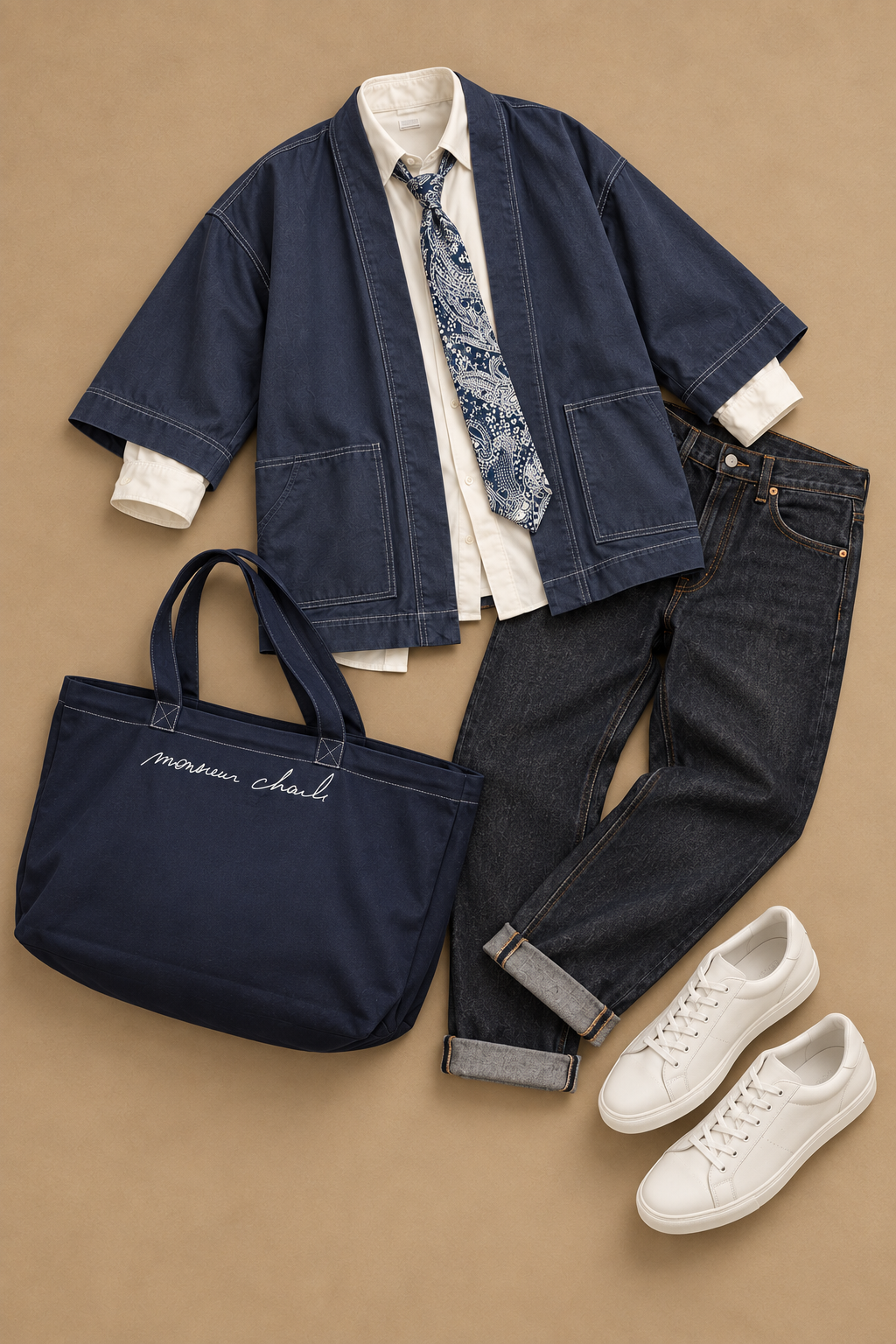 Idée de tenue pour porter la veste de kimono Kim bleu de Monsieur Charli