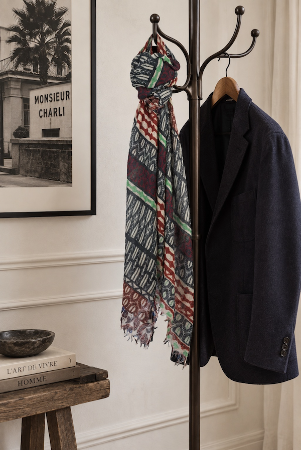 Foulard Noé de Monsieur Charli suspendu sur un cintre. 