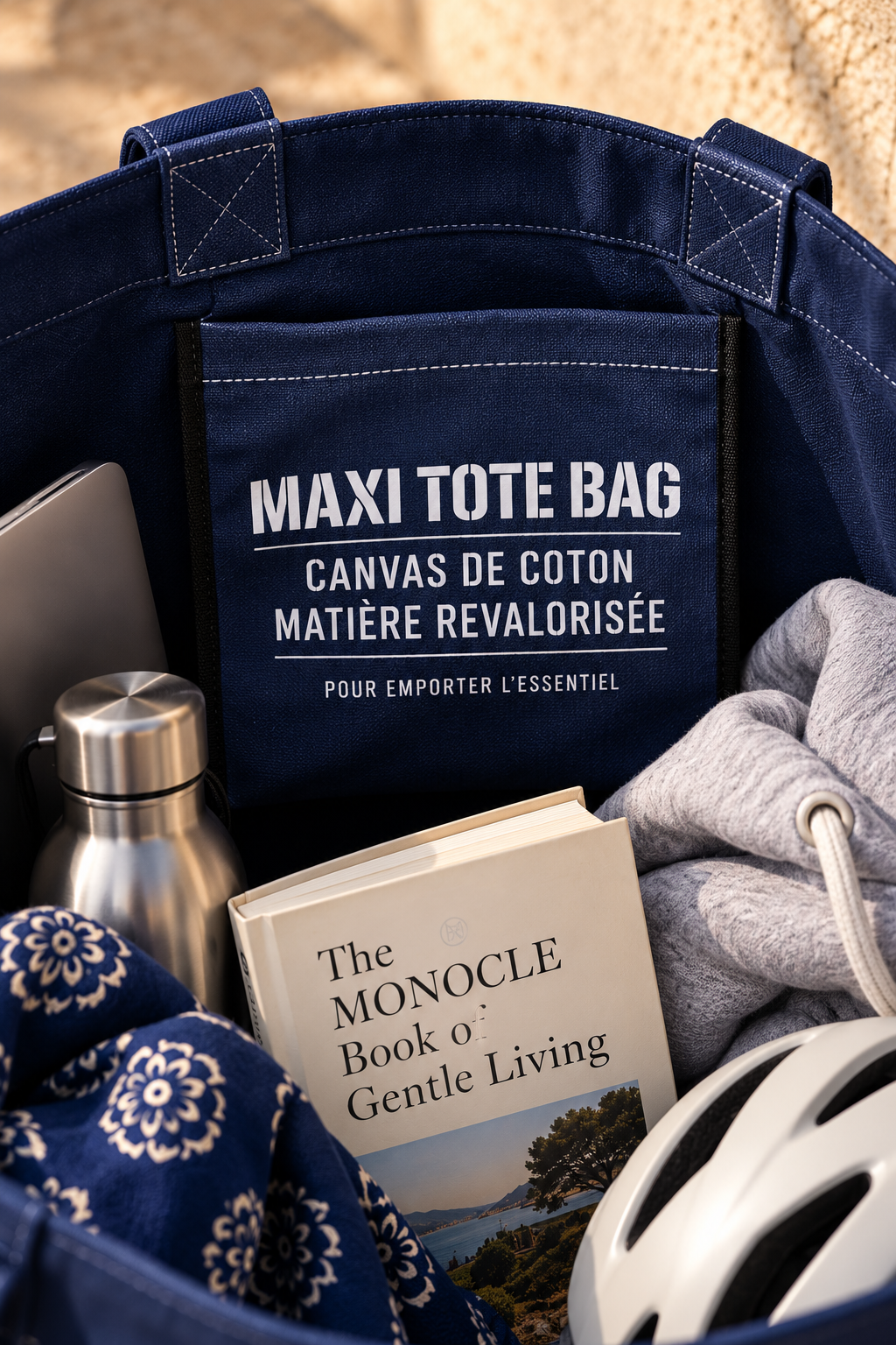 Maxi cabas WALTER bleu rempli des essentiels du quotidien avec sa poche intérieure imprimée MAXI TOTE BAG