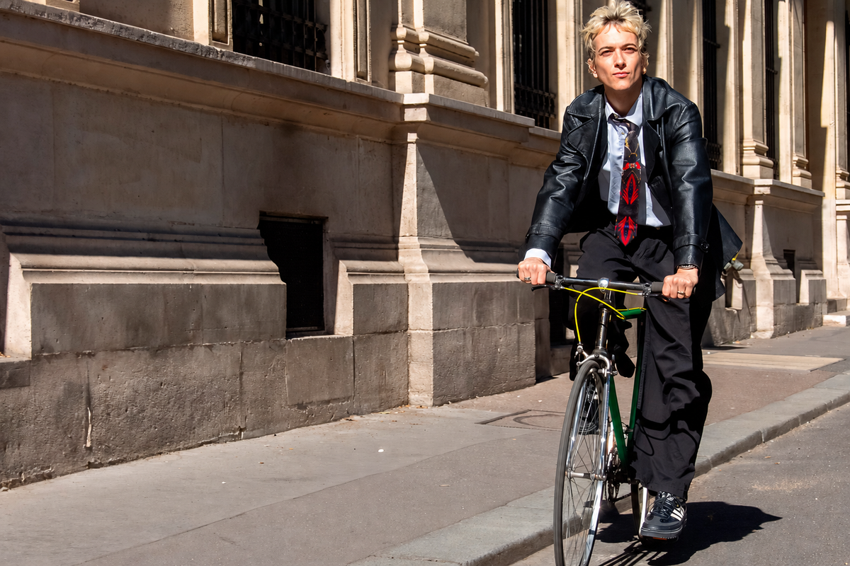 un homme qui fait du vélo dans les rues de Paris et qui porte une cravate en soie de Monsieur charli 